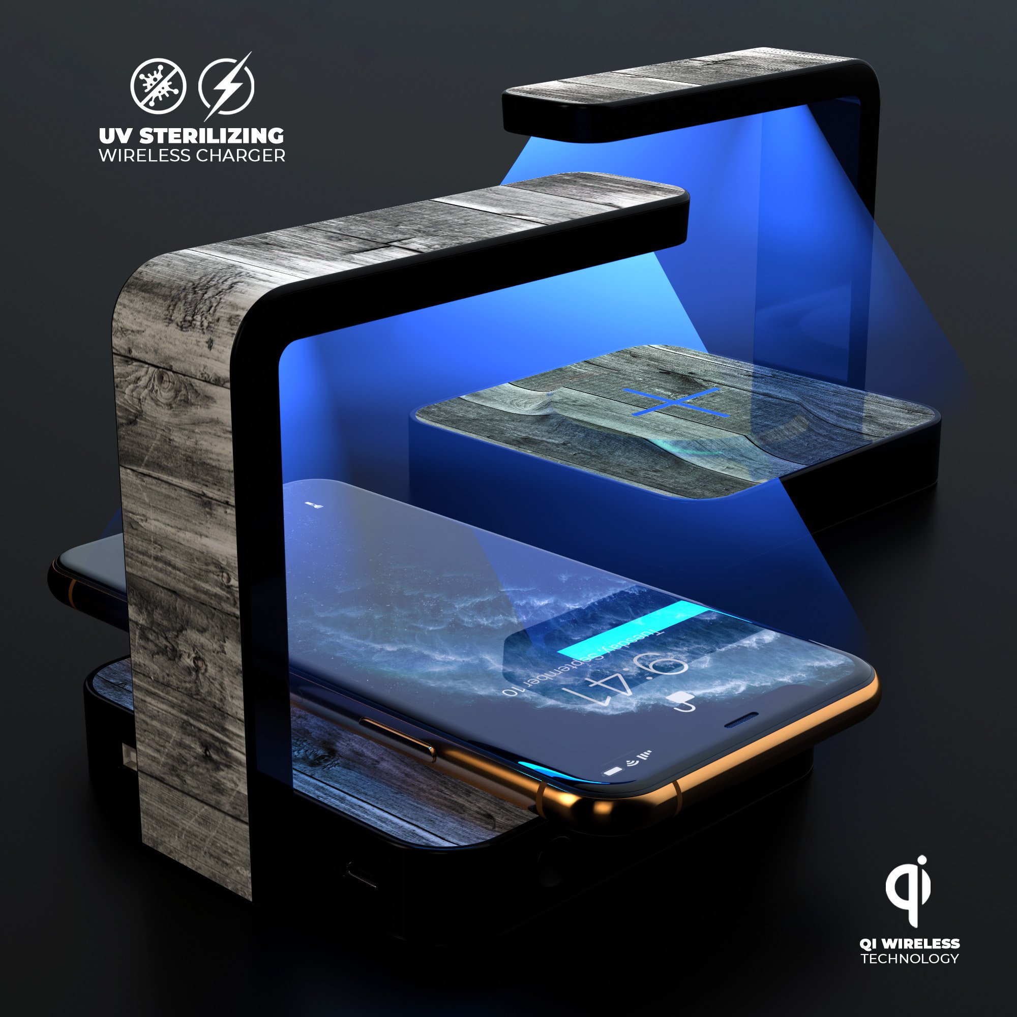 Shades of Gray Vintage Wood UV Germicidal Sanitizing Sterilizing charger with a sleek design, showcasing its wireless charging and sterilizing features.